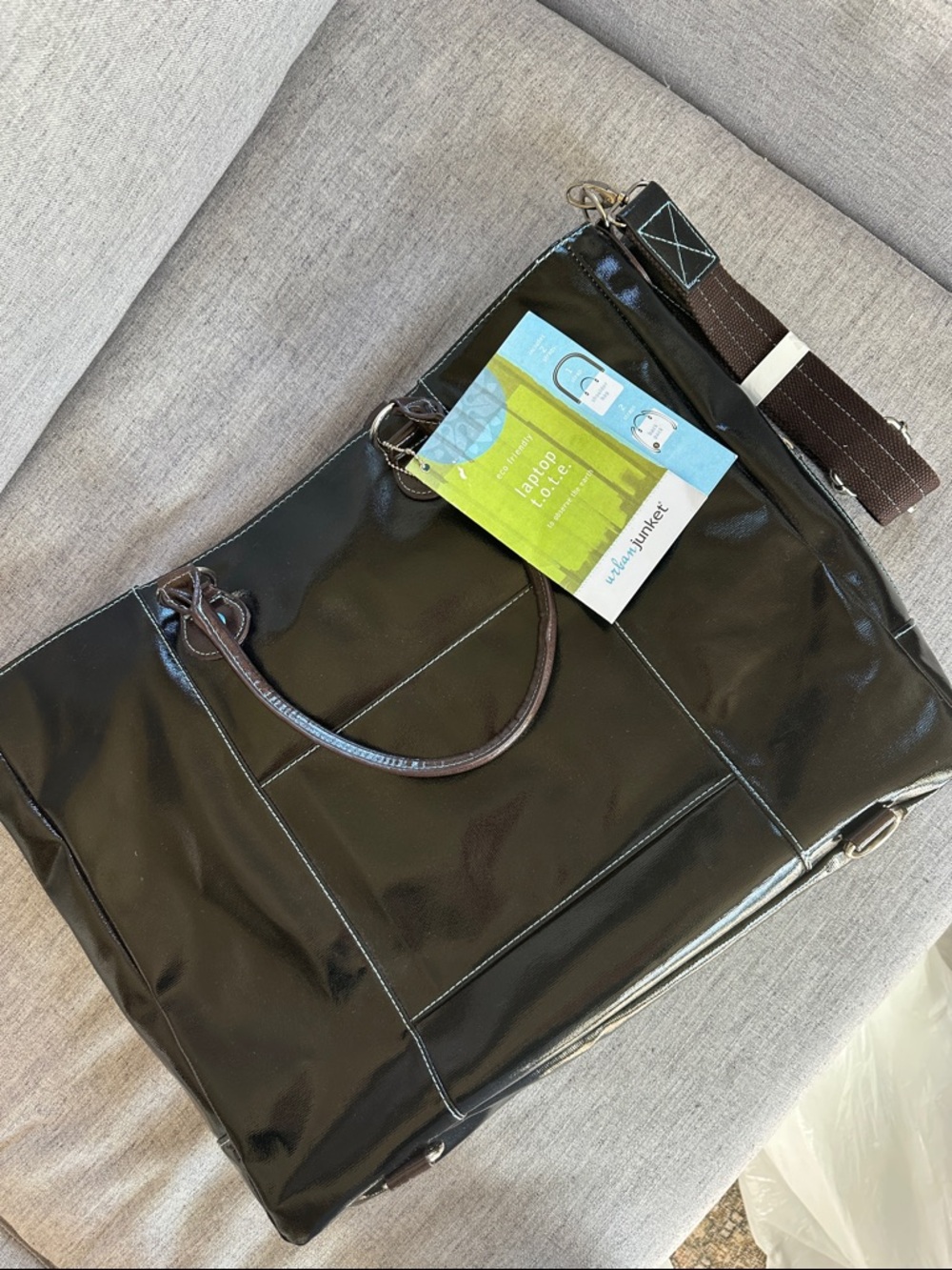 Black Patent Laptop Tote with Removable Strap